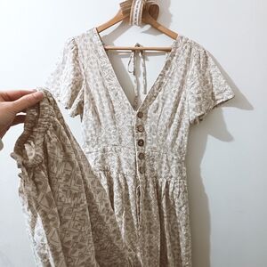 Free People Layla Ivory Cream Taupe Geometric Cotton Wide Balloon Leg Jumpsuit